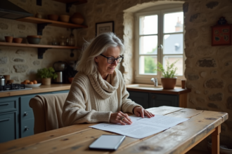 Femme lisant un document sur la taxe d'habitation dans une cuisine rustique