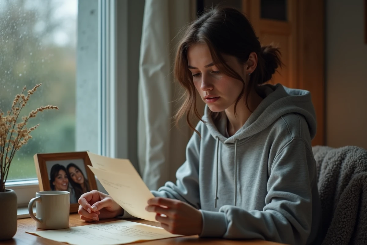 Jeune femme émue lisant une lettre d'amitié sincère avec une larme sur la joue près d'une fenêtre sous la pluie