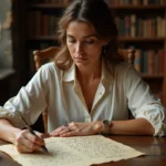 Femme examinant une lettre ancienne au style napoléonien avec typographie calligraphique sur un bureau en bois rustique
