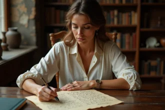Femme examinant une lettre ancienne au style napoléonien avec typographie calligraphique sur un bureau en bois rustique