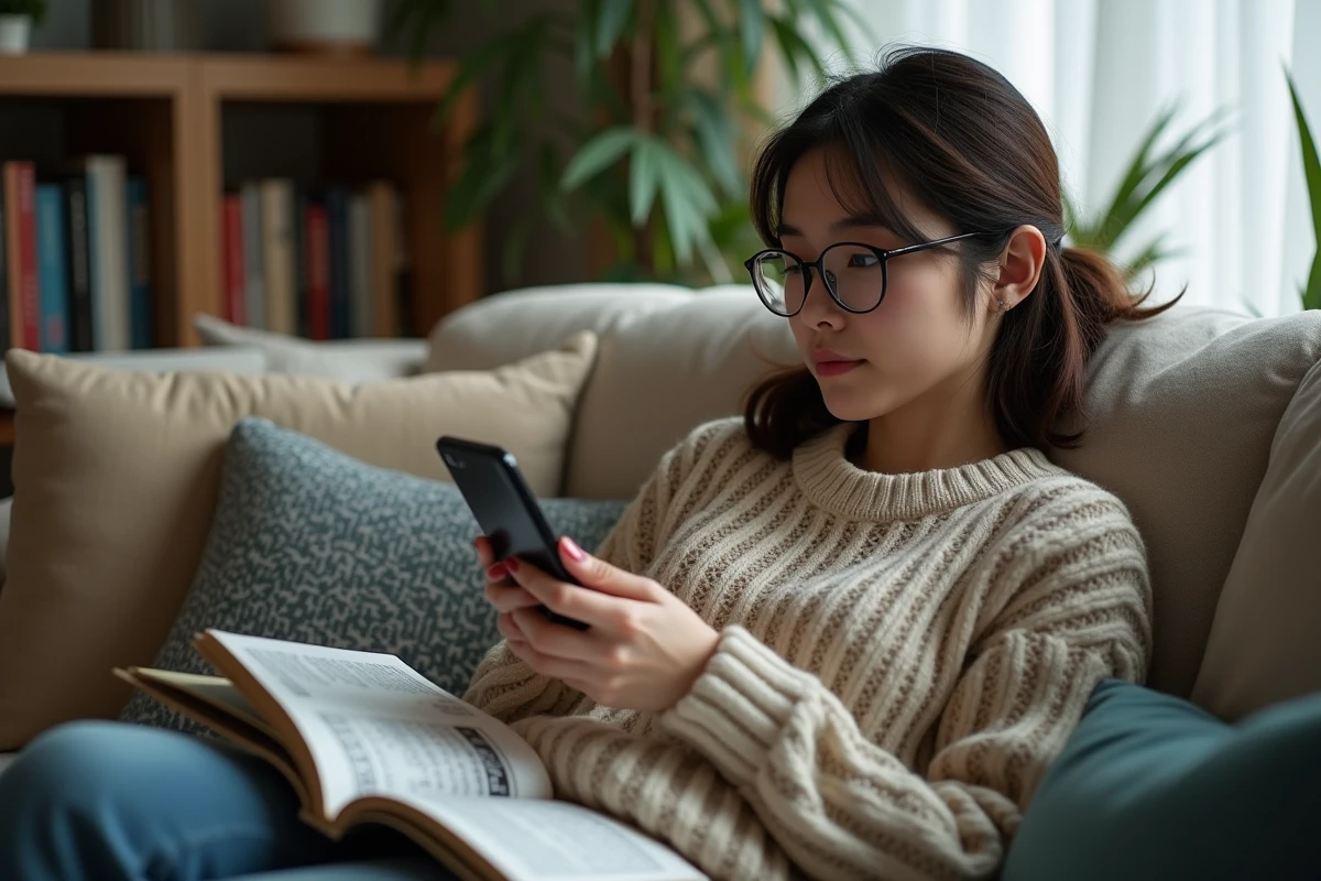 Jeune femme lisant manga confortablement chez elle