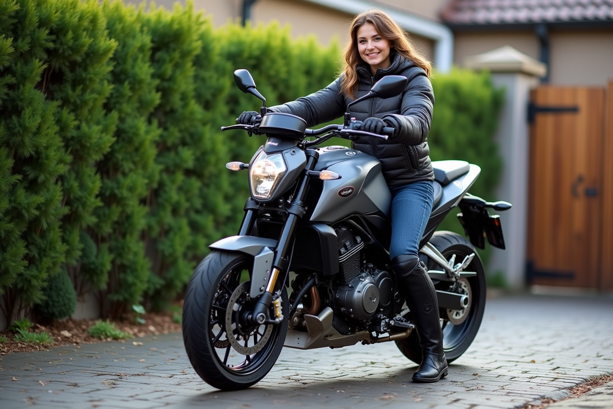 Jeune femme attachant sa moto à une ancre extérieure dans la matinée