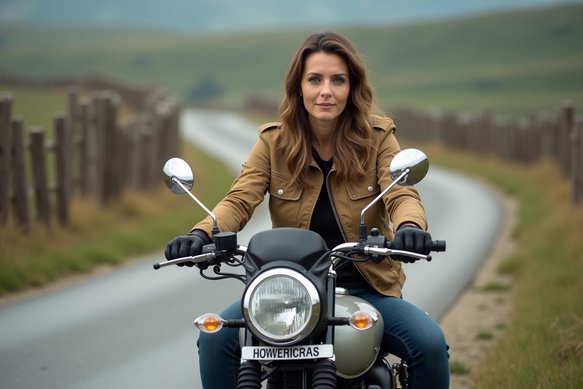 Femme en moto en campagne avec casque et gants