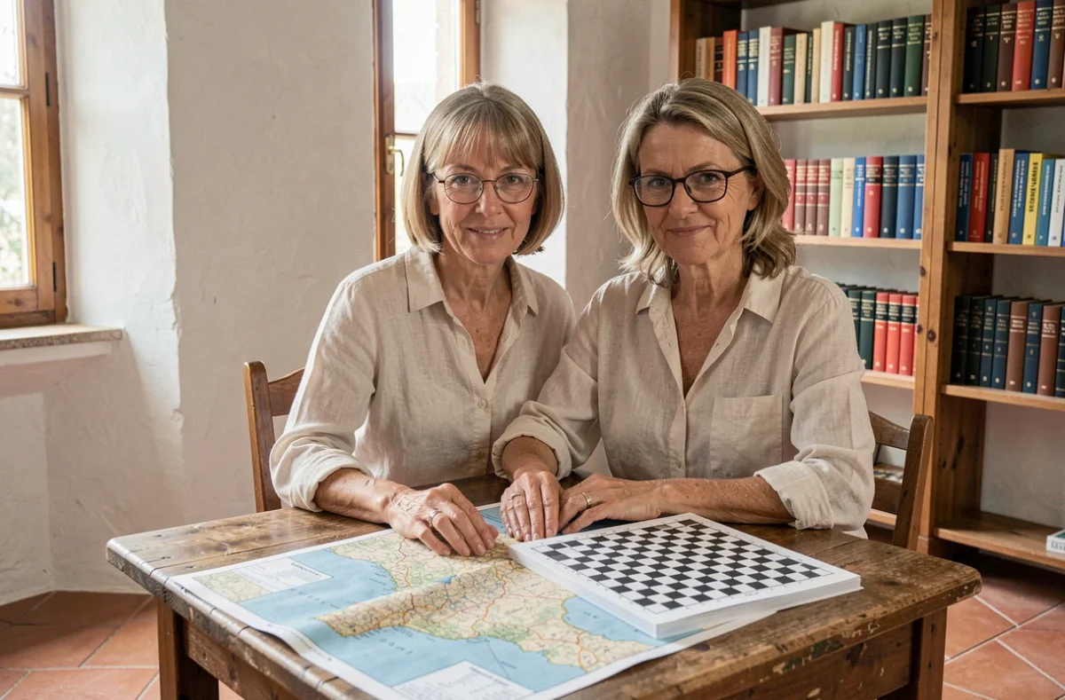 Femme résolvant des mots fléchés sur les villes italiennes dans un appartement méditerranéen