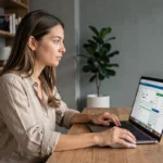 Femme naviguant sur un écosystème en ligne complexe depuis son bureau à domicile