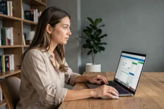 Femme naviguant sur un écosystème en ligne complexe depuis son bureau à domicile