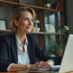 Femme réfléchie en bureau professionnel avec ordinateur