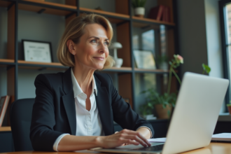 Femme réfléchie en bureau professionnel avec ordinateur
