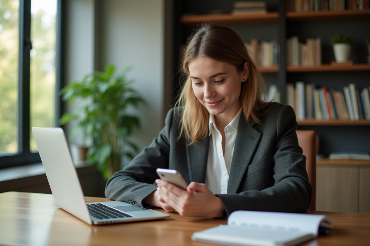 Femme daffaires vérifiant son compte bancaire sur son smartphone