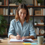 Femme organisée dans son bureau maison consulte un planner