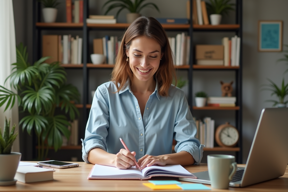 Femme organisée dans son bureau maison consulte un planner