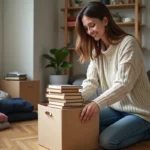 Femme en jeans et pull organise des livres dans un appartement