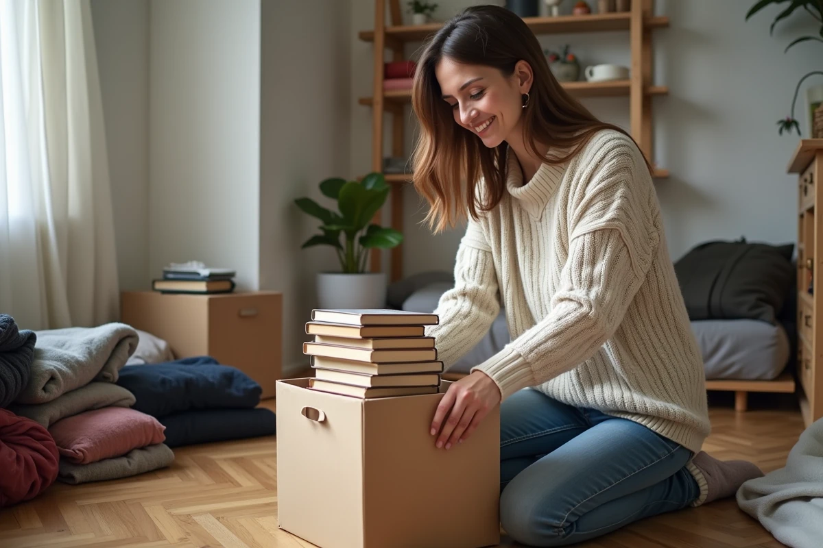 Femme en jeans et pull organise des livres dans un appartement