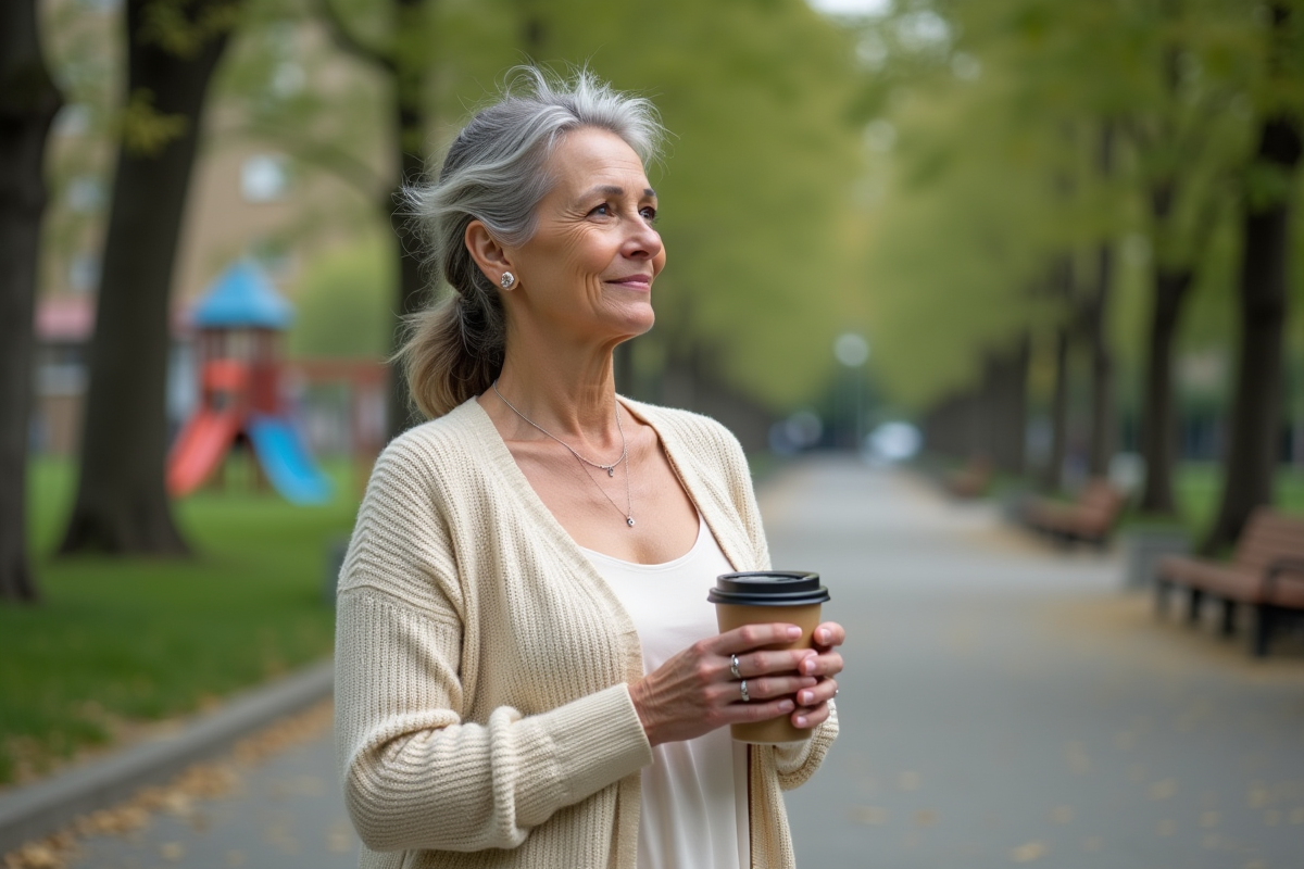 Femme dans un parc urbain avec un café à la main