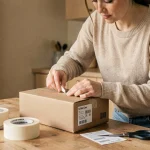 Femme préparant un colis pour un envoi Mondial Relay suite à une vente sur Le Bon Coin