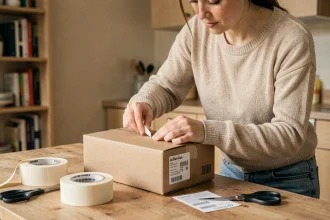 Femme préparant un colis pour un envoi Mondial Relay suite à une vente sur Le Bon Coin