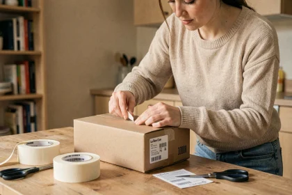 Femme préparant un colis pour un envoi Mondial Relay suite à une vente sur Le Bon Coin