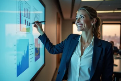 Femme en costume interactant avec un tableau blanc numérique
