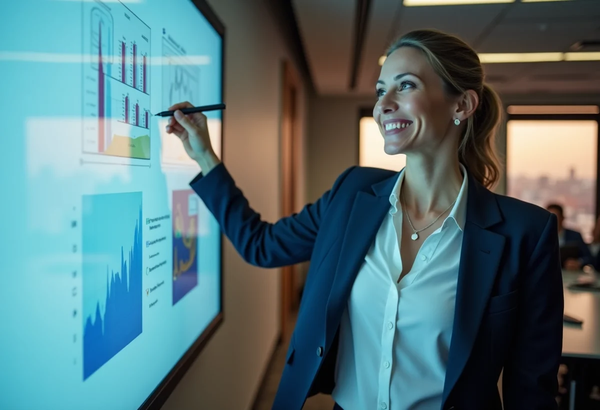 Femme en costume interactant avec un tableau blanc numérique