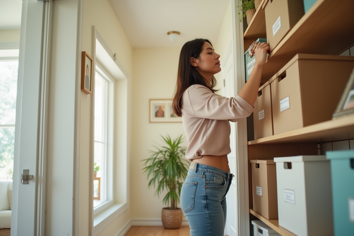 Femme plaçant des boîtes sur une étagère dans un couloir lumineux