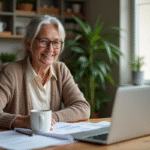 Femme souriante en cuisine avec papiers et ordinateur