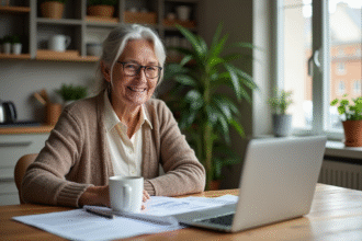 Femme souriante en cuisine avec papiers et ordinateur