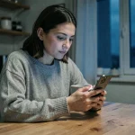 Femme songeuse regardant son téléphone tôt le matin, symbolisant l'attente d'un message d'un ex