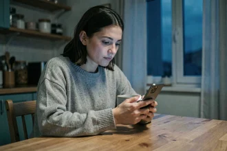 Femme songeuse regardant son téléphone tôt le matin, symbolisant l'attente d'un message d'un ex