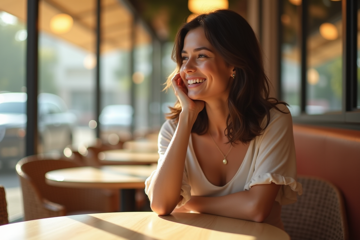 Femme souriante assise à une table de café en plein jour