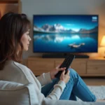 Femme assise regardant une interface TV moderne