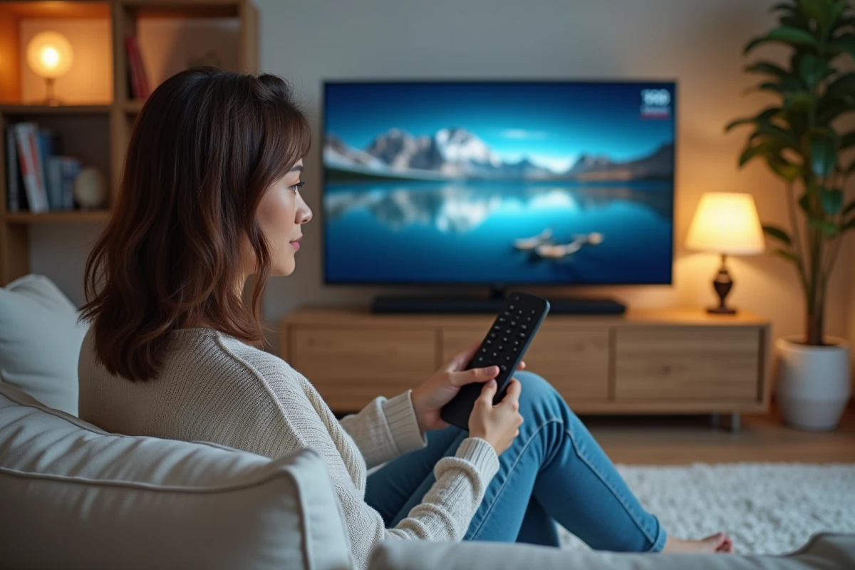 Femme assise regardant une interface TV moderne