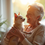 Femme senior souriante tenant son petit chihuahua dans un salon lumineux