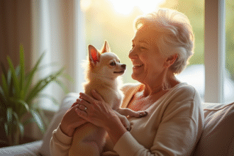 Femme senior souriante tenant son petit chihuahua dans un salon lumineux