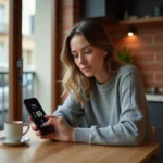 Femme consultant son smartphone avec un numéro en indicatif 49 dans une cuisine moderne française