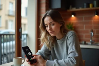 Femme consultant son smartphone avec un numéro en indicatif 49 dans une cuisine moderne française