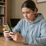 Jeune femme consultant un site de récompenses pour Monopoly Go sur son smartphone, expression dubitative, bureau à domicile