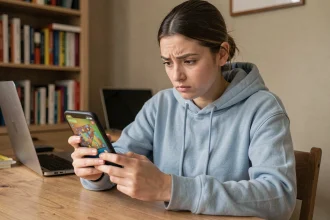 Jeune femme consultant un site de récompenses pour Monopoly Go sur son smartphone, expression dubitative, bureau à domicile