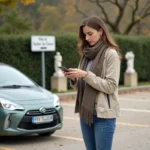 Jeune femme vérifiant une carte sur son smartphone près du parking