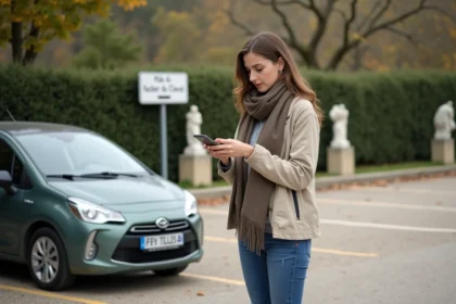 Jeune femme vérifiant une carte sur son smartphone près du parking