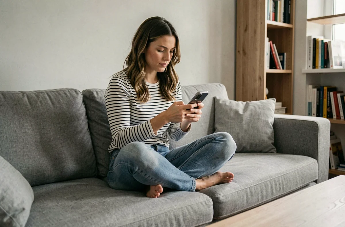Femme naviguant sur son téléphone depuis son salon, contournant les restrictions internet sur mobile