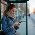 Femme en denim utilisant son smartphone à un arrêt de bus