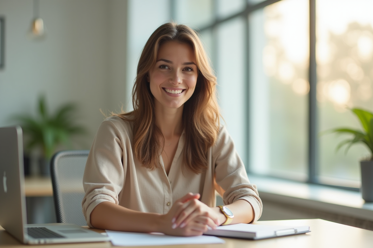 Femme souriante assise à un bureau lumineux
