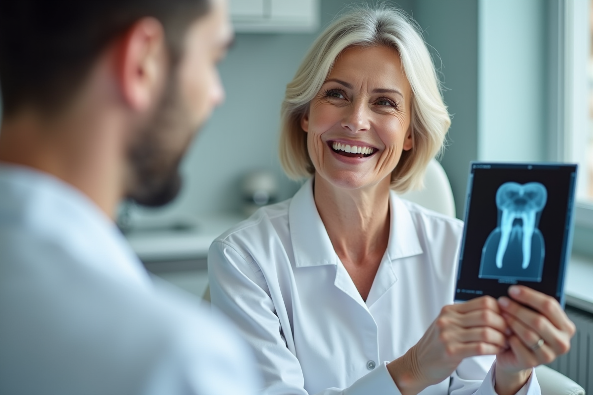 Femme souriante lors d'une consultation dentaire avec un implant