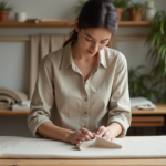 Jeune femme inspectant un tissu durable dans un studio moderne