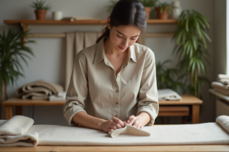 Jeune femme inspectant un tissu durable dans un studio moderne
