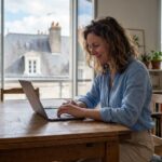 Femme assise à une table en bois à Tours travaillant sur son ordinateur