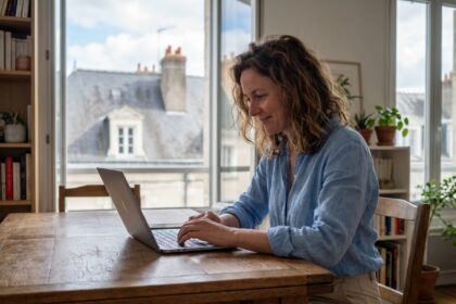 Femme assise à une table en bois à Tours travaillant sur son ordinateur