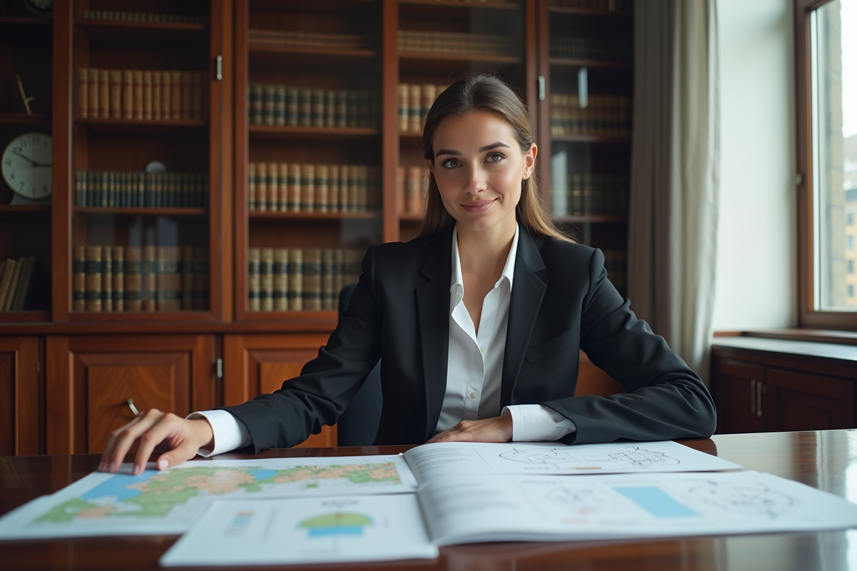 Jeune femme professionnelle examine des cartes dans un bureau