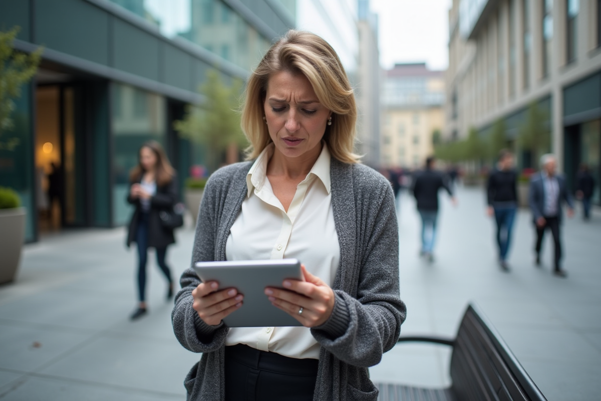 Femme fâchée tenant une tablette en extérieur en ville