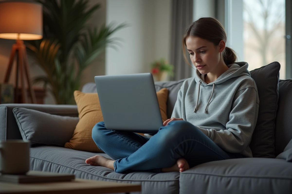 Une jeune femme recherchant des solutions VPN et proxy pour accéder à un site bloqué depuis son canapé